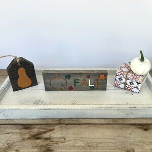 Handmade Tiered Tray Decor/ Shelf Sitter - Colorful Fall Leaves, Mini Signs
